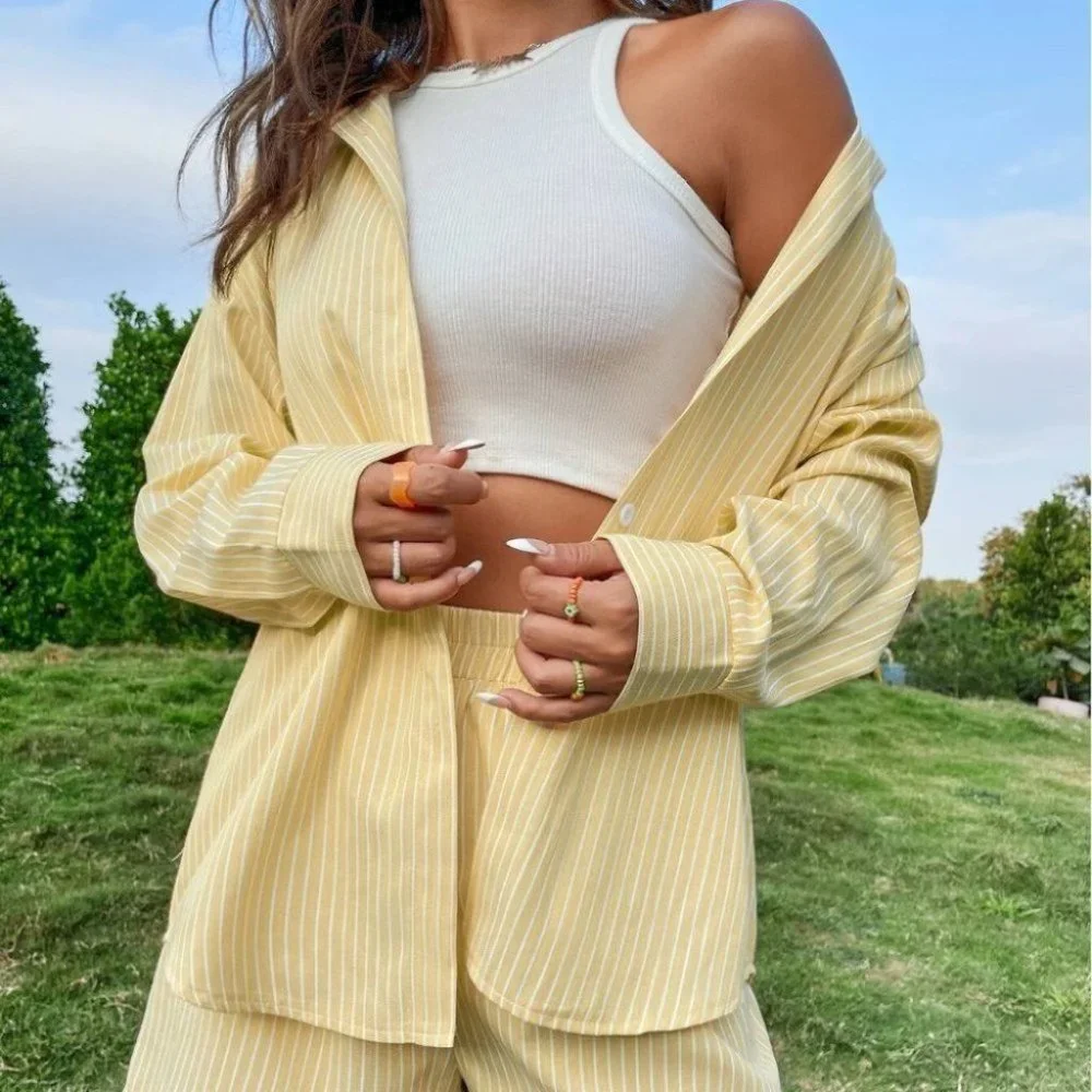 YELLOW STRIPED BLOUSE AND SHORTS SET SUMMER STREETWEAR - Picture 2 of 7